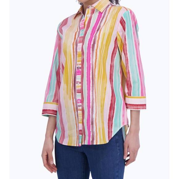 NEW FOXCROFT women's boyfriend shirt in watercolor stripes - Picture 2 of 4